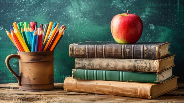 A Rustic Brown Mug Filled With Colorful Pencils, A Stack of Vintage Books, and a Red Apple On a Wooden Table, Against a Green Chalkboard Background. Back to school.