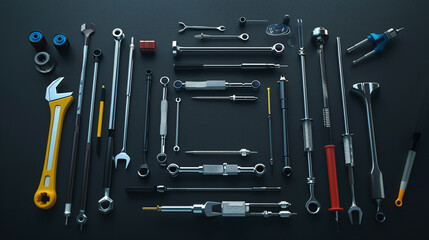 Assorted lab tools forming a perfect square on a black surface.