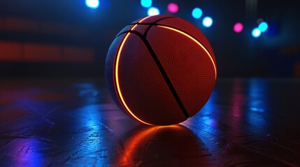 3D Rendering Of Futuristic Neon Basketball Sitting In Darkness, High Quality Background