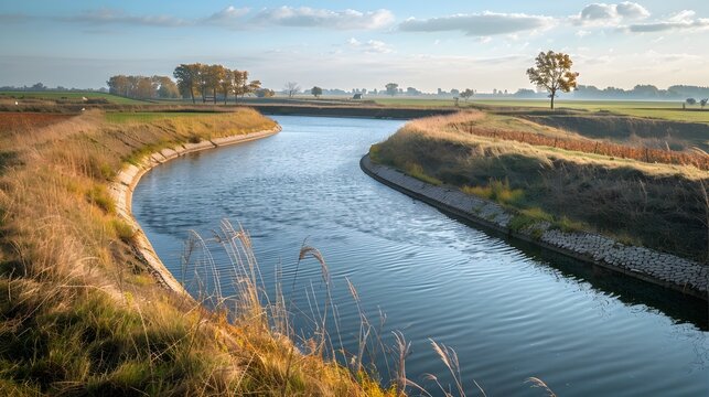 Rural Landscape with Advanced Flood Management Systems Featuring Levees and Retention Basins