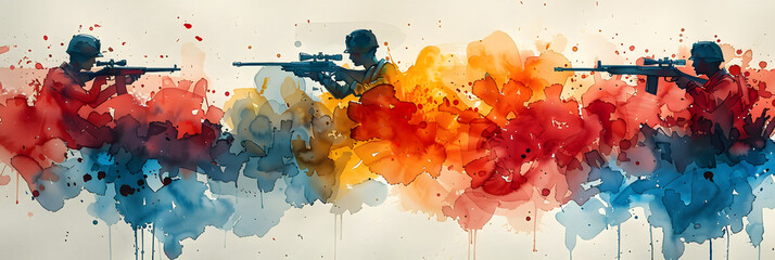A vibrant watercolor illustration of shooter in the Olympic games in Paris, the Eiffel Tower, in background. The dynamic nature of shooting sports within the picturesque setting of Paris
