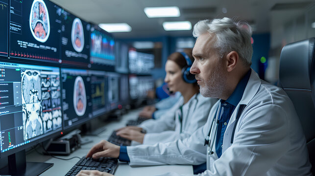 Two healthcare workers analyze medical statistics and patient information on multiple computer screens in a control center