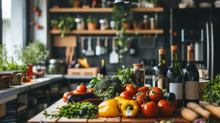Kitchen counter with fresh vegetables and wine