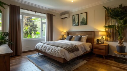 Fototapeta premium interior of bedroom, hotel bedroom, cozy bedroom, comfy bedroom, luxury home interior
