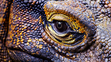 Fototapeta premium Extreme closeup of komodo dragon big lizard predator eye dark grey black and gold skin texture macro photography