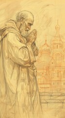 The painting of St. Basil the Great in Prayer with 4th-Century Church Background, Beige Background, Copyspace