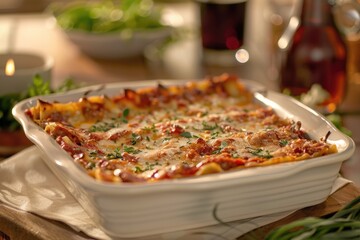 Delicious Homemade Lasagna with Fresh Ingredients in Rustic Italian Kitchen