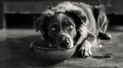 Dog in front of a bowl.