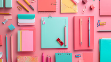 Bright and vibrant stationery set meticulously laid out in a perfect square on a pastel pink background.