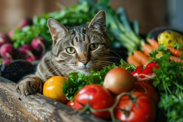  Domestic cat with variety of colorful vegetables and greens.