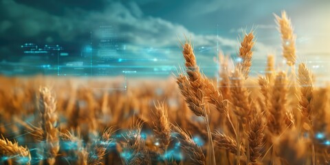 Wheat field with virtual data visualization overlay. Concept of smart agriculture and crop monitoring technology.