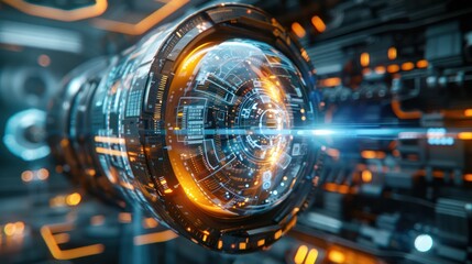 A futuristic looking object with a blue and orange glow