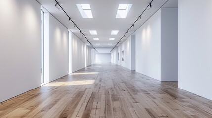 Fototapeta premium Modern and minimalist gallery or art exhibition space with white walls and wooden floor. Concept of architecture, design, and interior design.