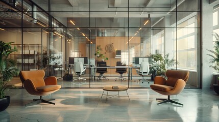 A modern office space with a glass wall and two brown chairs