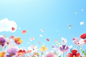 3d illustration of flowers and colorful confettis floating in the air clean sky,