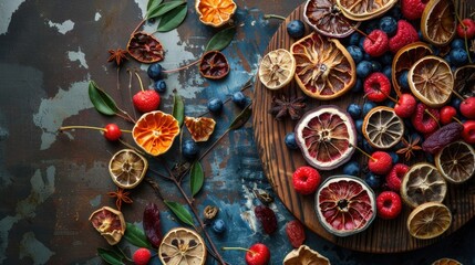 Fototapeta premium Dried fruits on wooden tablel