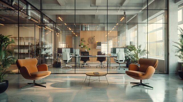 Fototapeta A modern office space with a glass wall and two brown chairs