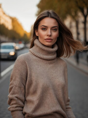 Stylish Woman in a Cozy Turtleneck Sweater on an Autumn City Street, Captivating Fashion Portrait