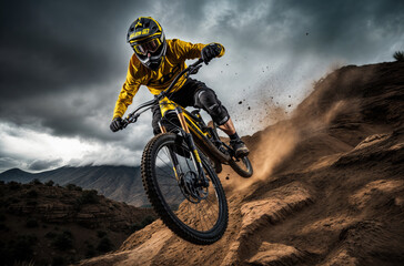 Professional cyclist riding down mountain trail