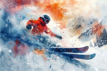 Fototapeta premium The skier is extremely rushing along the slope of the mountain. watercolor