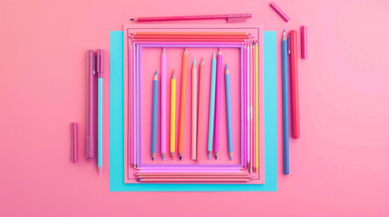 Obraz premium Bright drawing tools arranged in a square on a pastel pink backdrop.