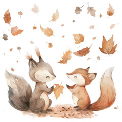 Squirrel and Fox in Autumn Leaves, Cute Woodland Animal Illustration for Kids, Isolated on Transparent Background