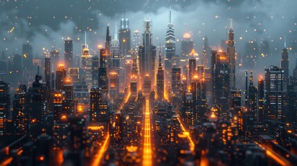 Obraz premium A cityscape with many tall buildings and a street with orange lights