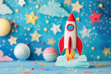 Vibrant, colorful children's birthday card scene featuring playful rocket launching from a cloud, surrounded by stars on a blue background. Boys b-day. Event for kids.