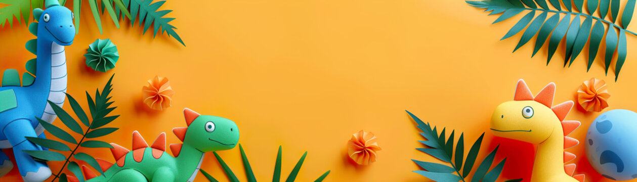 Orange background with dinosaurs, tropical leaves and copy space. Birthday backdrop with empty space for text. Invitation or greeting card with dino. Playful design. Event for kids.