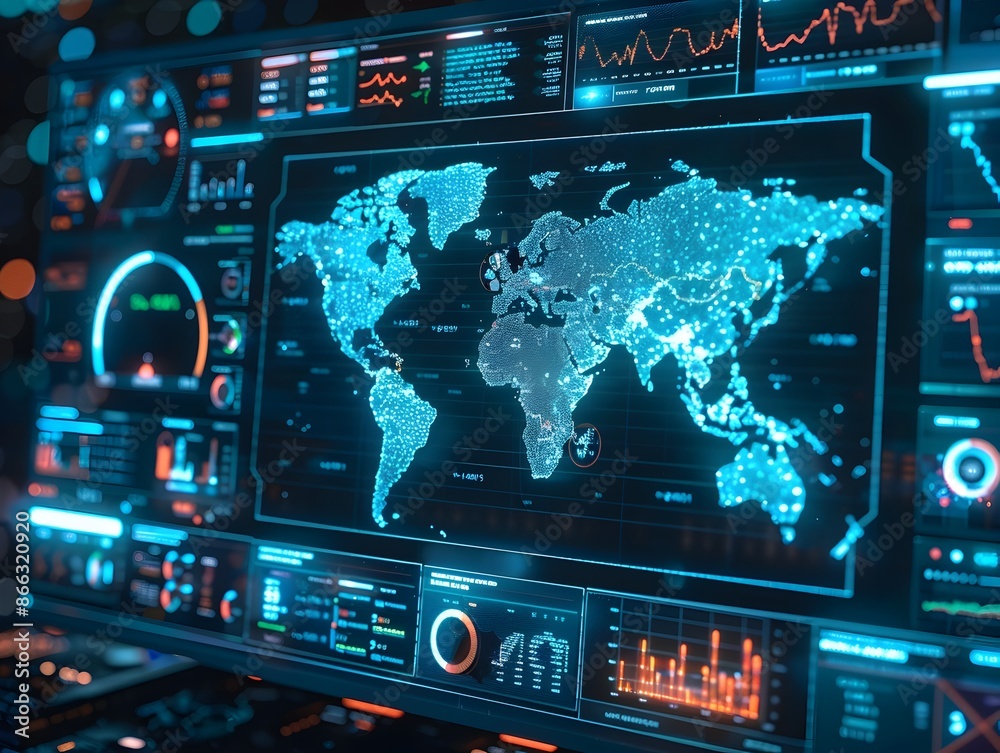 Poster digital dashboard displaying global pandemic data with interactive maps and real time statistics for