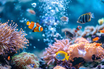 Vibrant Coral Reef Aquarium with Colorful Fish and Intricate Coral Formations in a Tranquil Underwater Scene