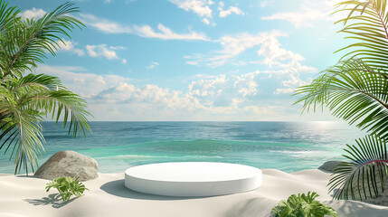 Fototapeta premium Tropical Beach with white podium and palm trees under a sunny sky. Copy space