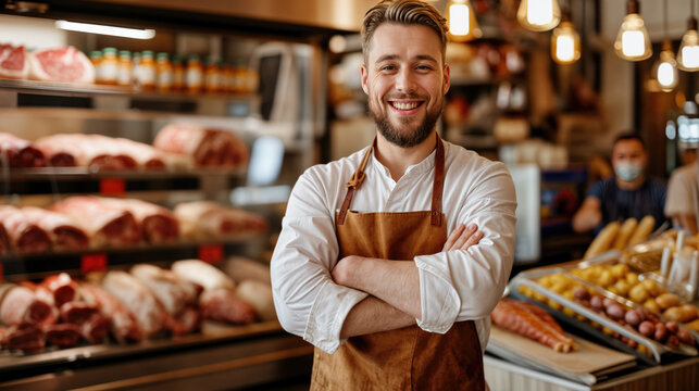 Butcher smiling with crossed arms in a butcher shop
