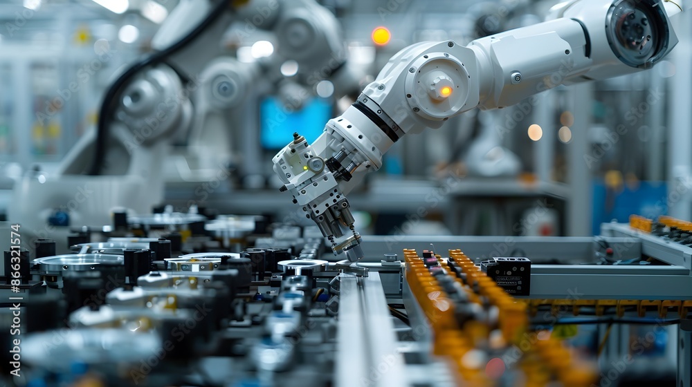 Poster advanced industrial robot assembling complex machinery with precision and speed in factory