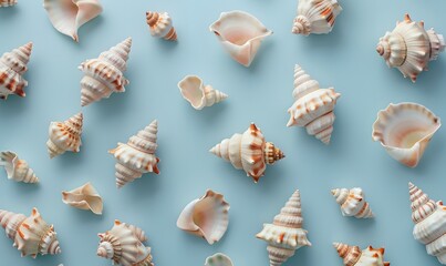 seashells scattered on a light blue background, Generative AI