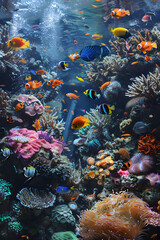 Fototapeta premium Vibrant Coral Reef Aquarium with Colorful Fish and Intricate Coral Formations in a Tranquil Underwater Scene
