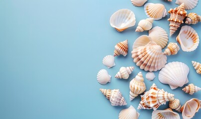 seashells scattered on a light blue background, Generative AI