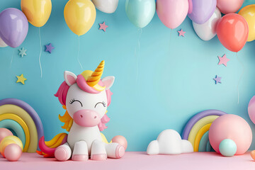 Charming 3D style smiling unicorn toy with colorful mane under pastel balloons and stars, perfect for children's party themes. Copy space for text. Girls birthday. Event for kids.