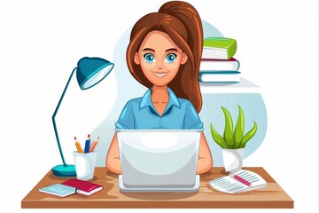 Woman Working from Home with Laptop and Desk Lamp on Organized Workspace