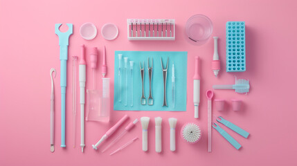 Bright lab tools arranged in a square on a pastel pink backdrop.