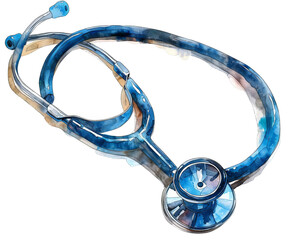 A blue stethoscope with a watercolor effect, lying on a white background.  The stethoscope is a symbol of healthcare and medicine.