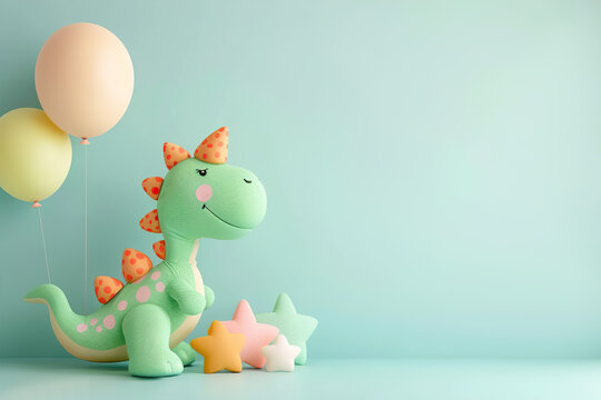 A charming plush dinosaur with polka dots and party hat, surrounded by balloons and stars on a gentle turquoise background, perfect for children's themes. Copy space for text.