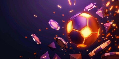 Glowing soccer ball surrounded by casino chips and abstract shapes