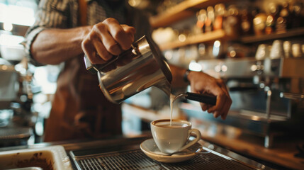 A barista is adding milk to a cup of coffee while working at a coffee shop.