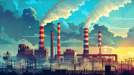 Factory chimneys blow pollution into environment. powerful industrial complex, chimney chemical plant in the discharge of pollutants.