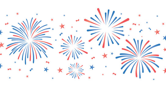 4th of july banner, modern fireworks clipart, wallpaper, celebration background, border, isolated on white background for Fourth of July, web, ads, social media posts, Independence day, USA