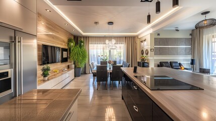 modern living room with kitchen