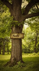 Fototapeta premium Serene Park Scene with Vibrant Sale Sign Along Tree Trunk