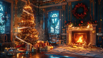 Obraz premium Magical Christmas Interior: Glowing Tree, Fireplace, and Gifts.