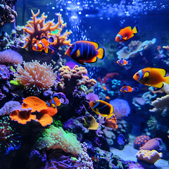 Fototapeta premium Vibrant Coral Reef Aquarium with Colorful Fish and Intricate Coral Formations in a Tranquil Underwater Scene